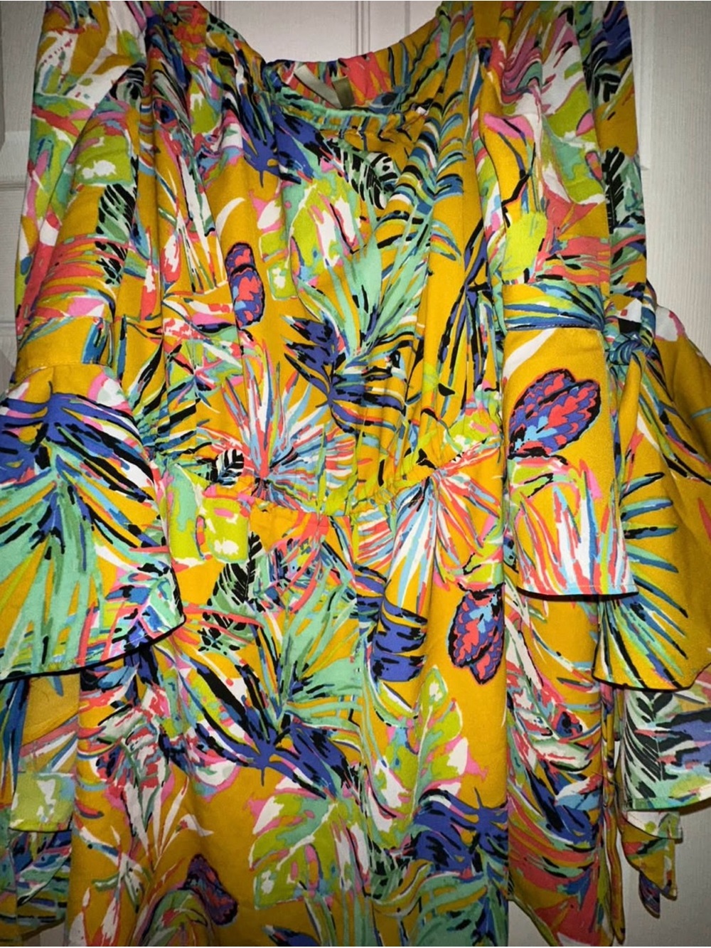 Truth Yellow Tropical Off-Shoulder Ruffle Romper - Picture 3 of 4